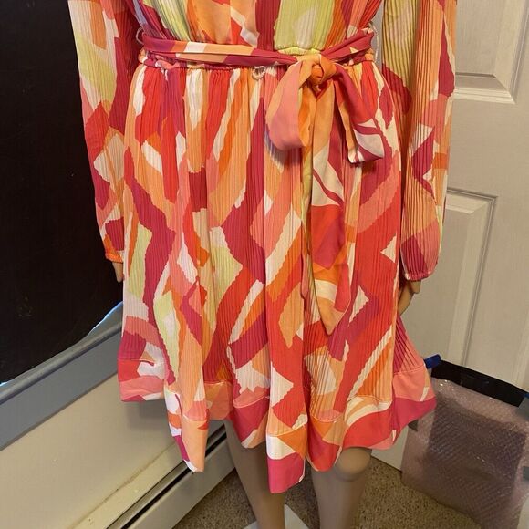 Nicole Miller Mini Dress Sz M Neon Multicolored Pop Art V Neck Elastic Tie Waist - Picture 8 of 10